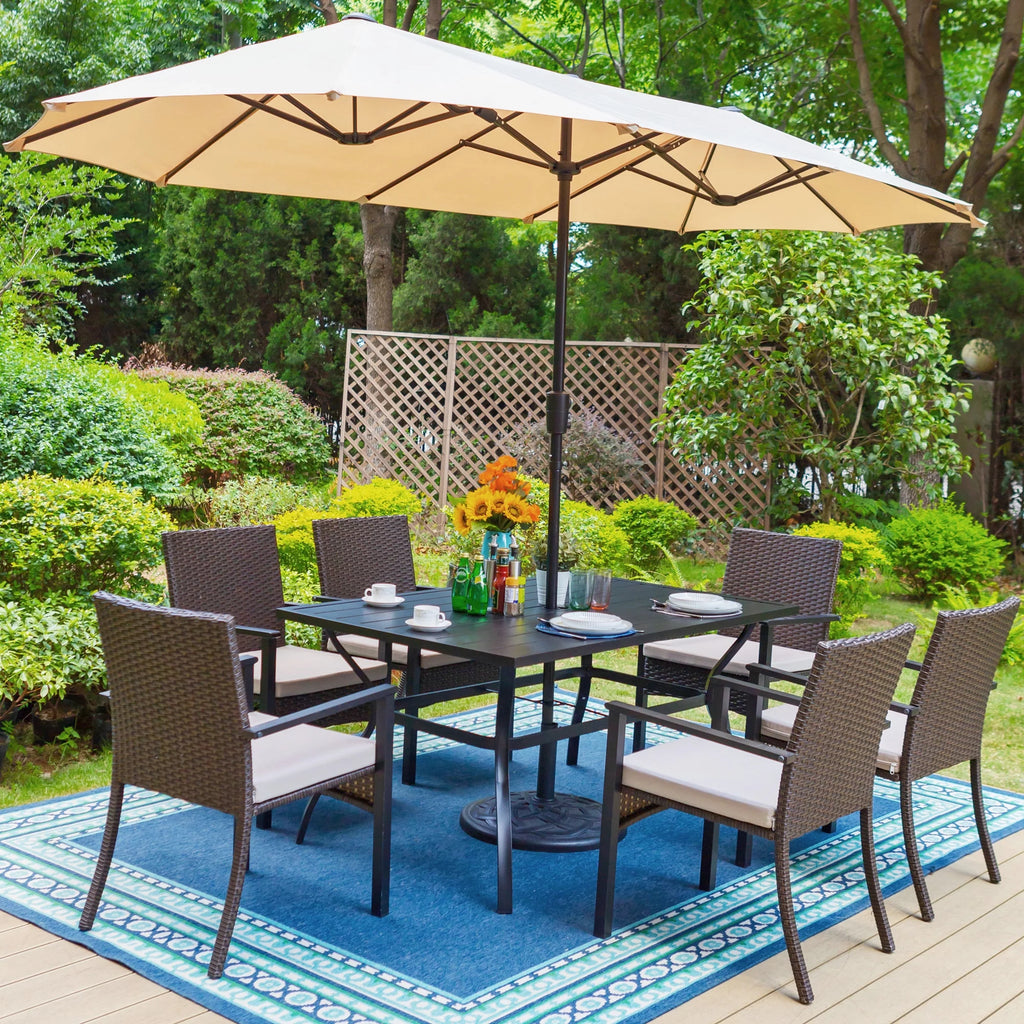 8-Piece Outdoor Patio Set with 13 ft Umbrella, 6 Wicker Cushioned Chairs & Rectangular Table H951573
