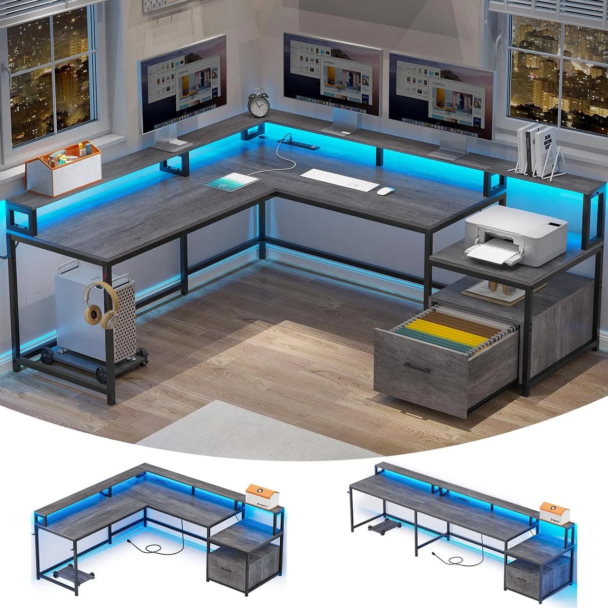 L Shaped Grey Office Desk with File Drawer Z718537
