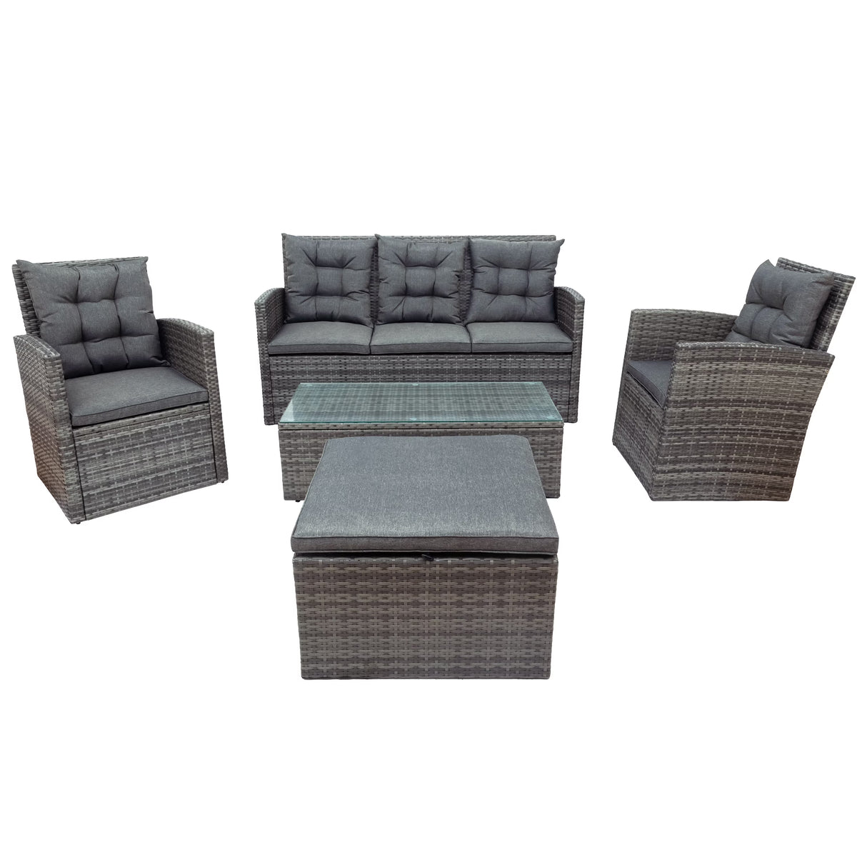 Gray PE Wicker Patio Sofa Set with Glass Table E379475