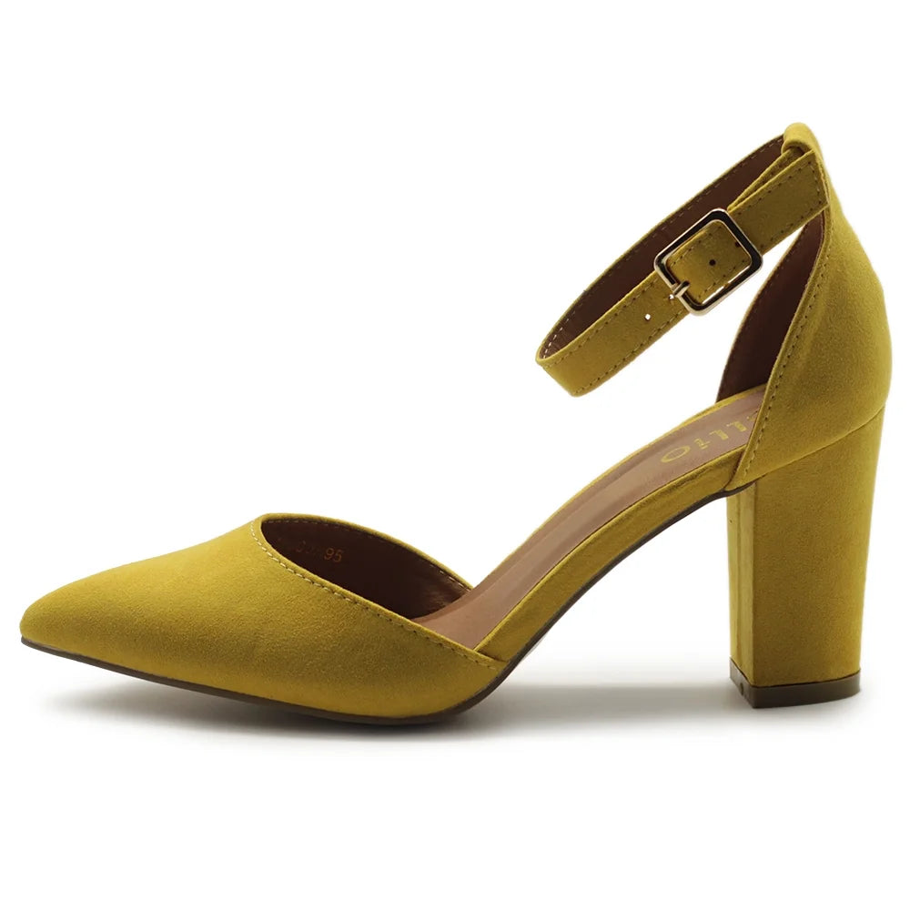 Women's Shoes Pointed Toe Ankle Straps Chunky Heels Pumps P48902