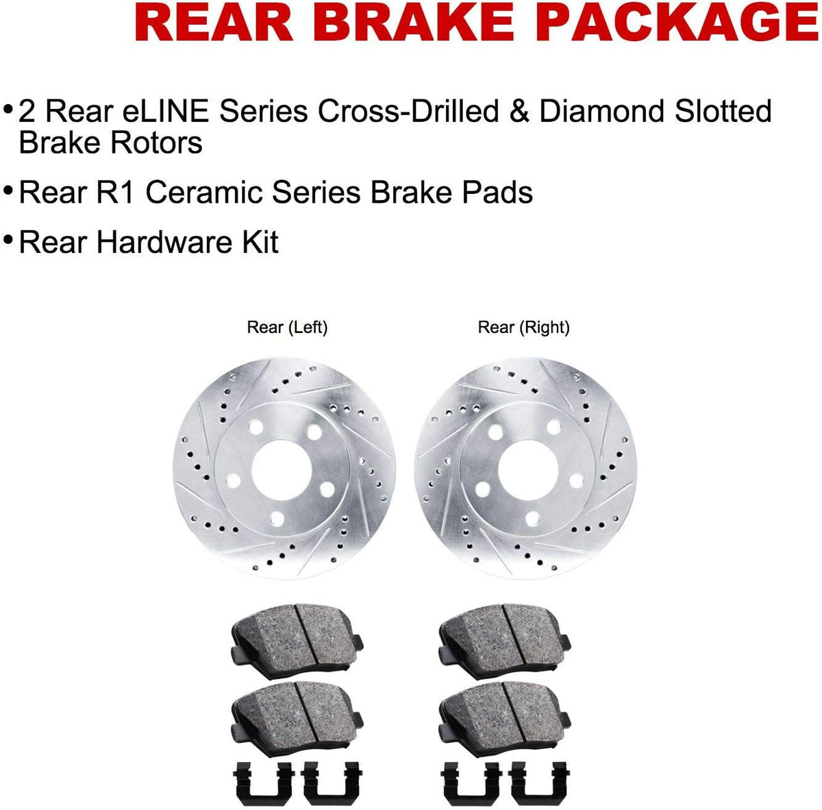 Rear Drilled and Slotted Brake Rotors with Ceramic Brake Pads and Hardware Kit E960786
