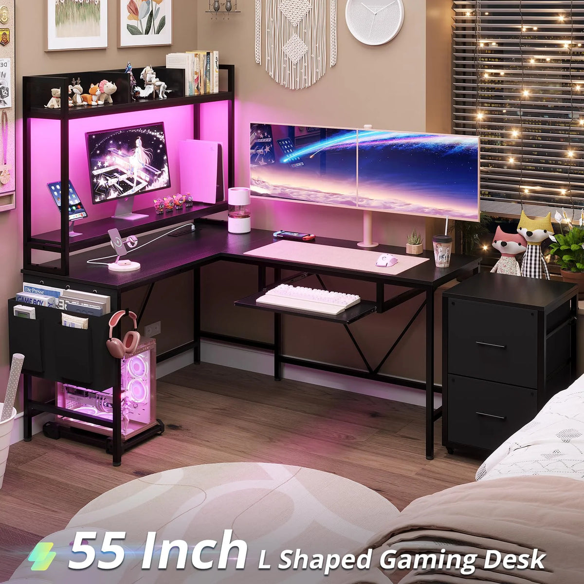 Black 55" Reversible Corner Computer Desk with Storage Shelf T2858