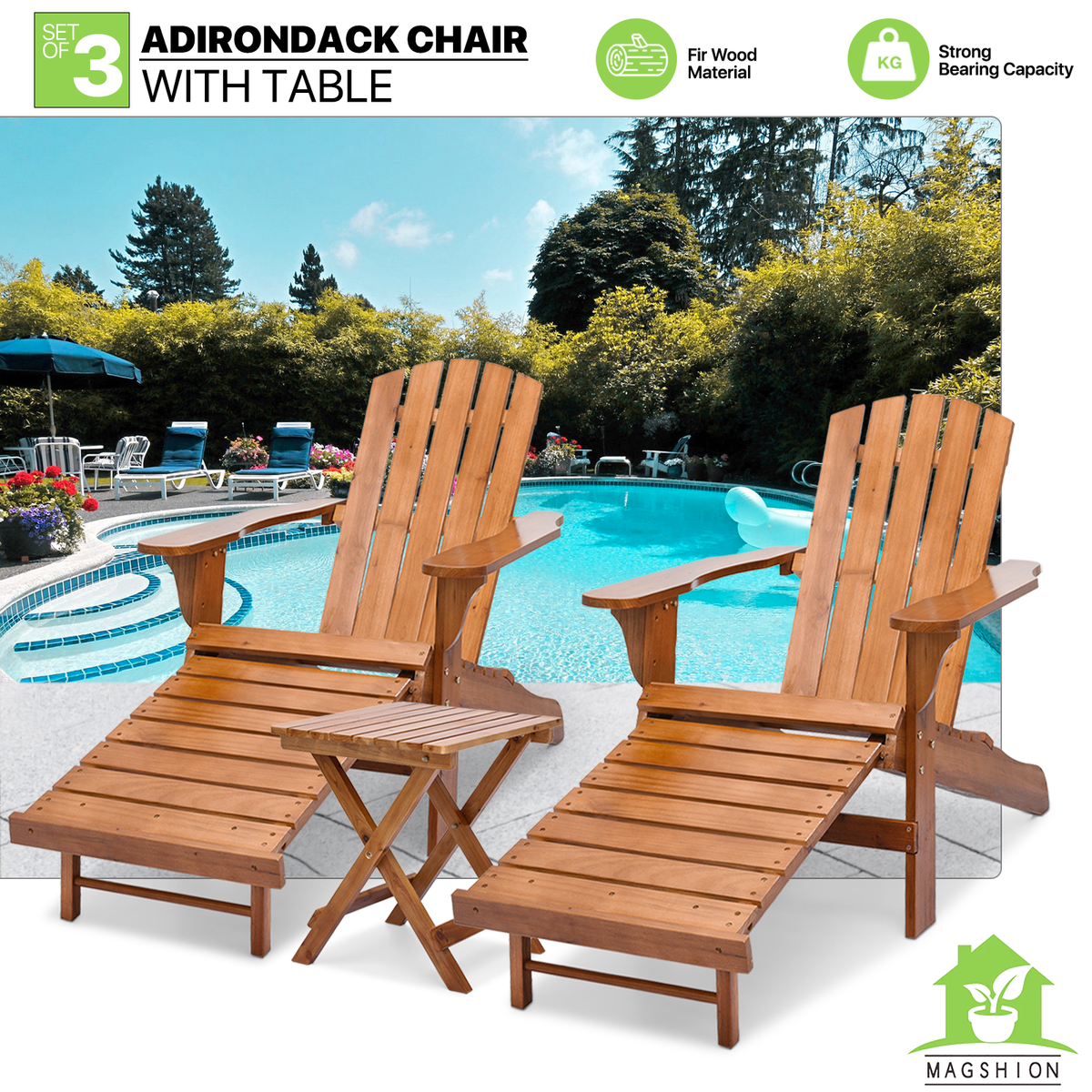 Set of 3 Teak Outdoor Folding Adirondack Chairs with Side Table Y710246