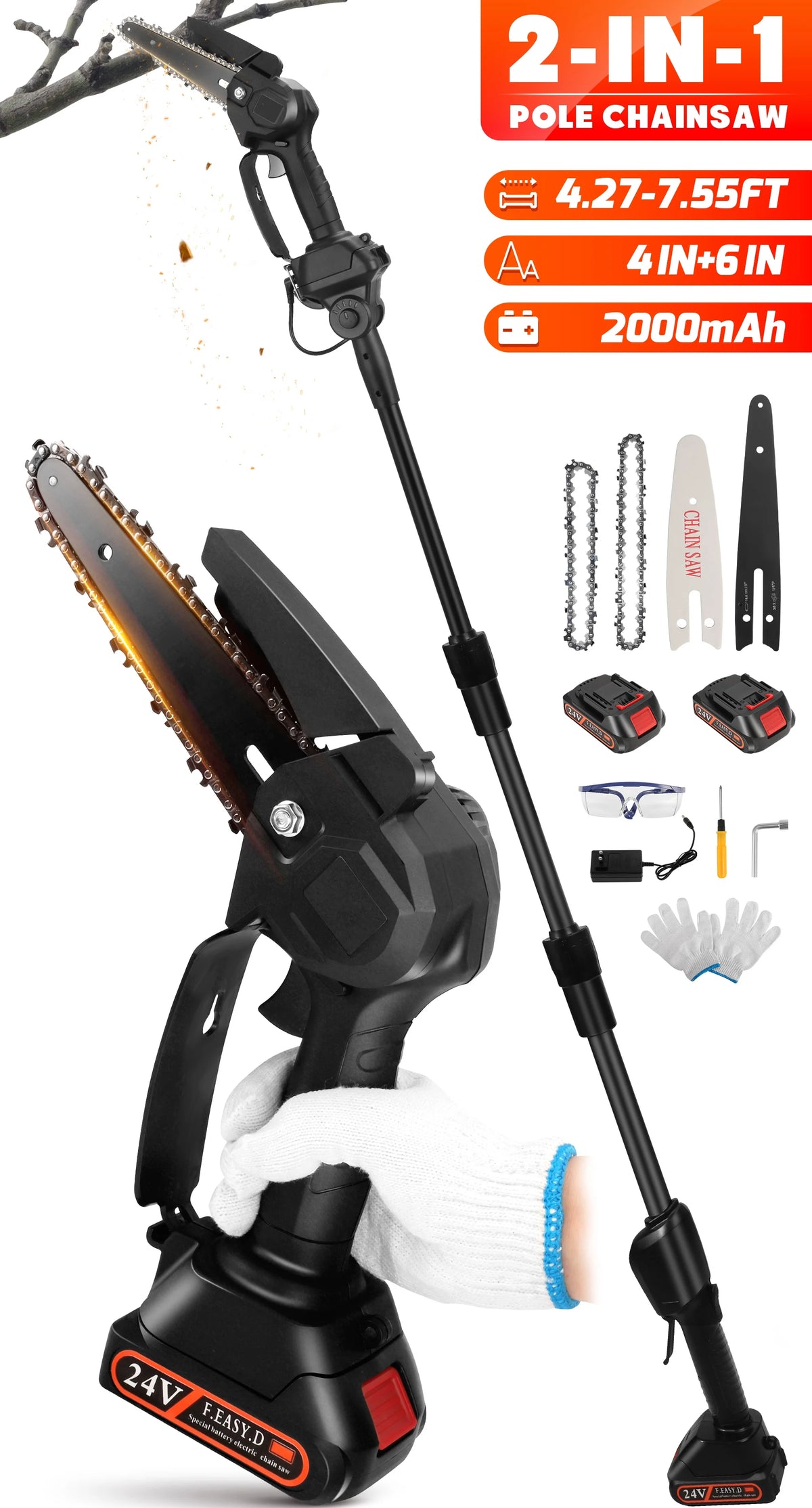 2-in-1 Cordless Pole Saw with 2pcs Batteries I130205