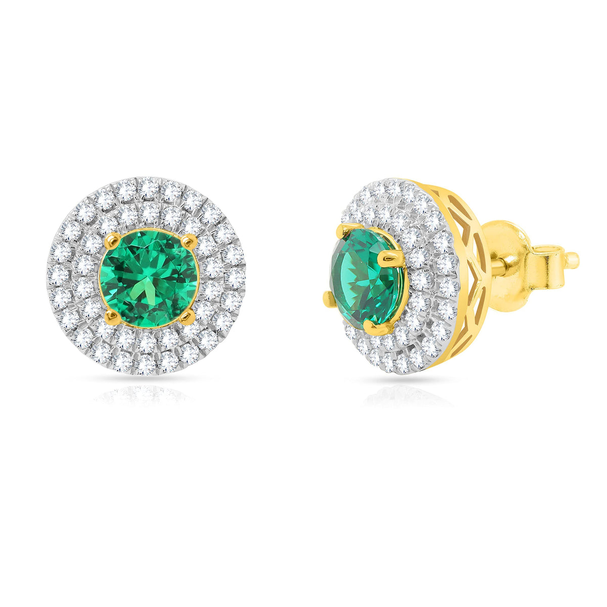 3 Carat Round Green Emerald and Natural Diamond Double Halo Stud Earrings in 18K Yellow Gold Plated S43535
