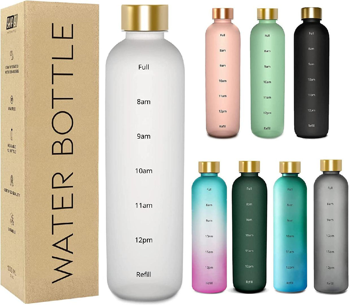 White 32 Oz BPA Free Frosted Water Bottle with Time Marker X29693