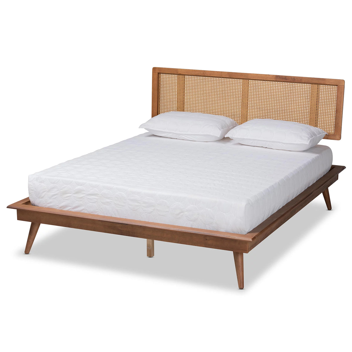 Walnut Brown Wood and Synthetic Rattan Full Size Platform Bed D481
