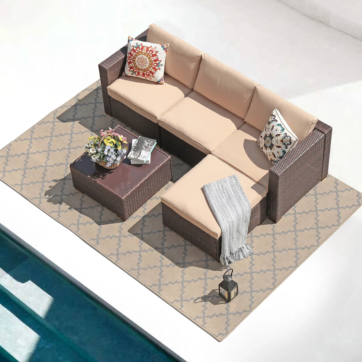 5-Piece Patio Furniture Set, Brown PE Wicker with Beige Cushions P192