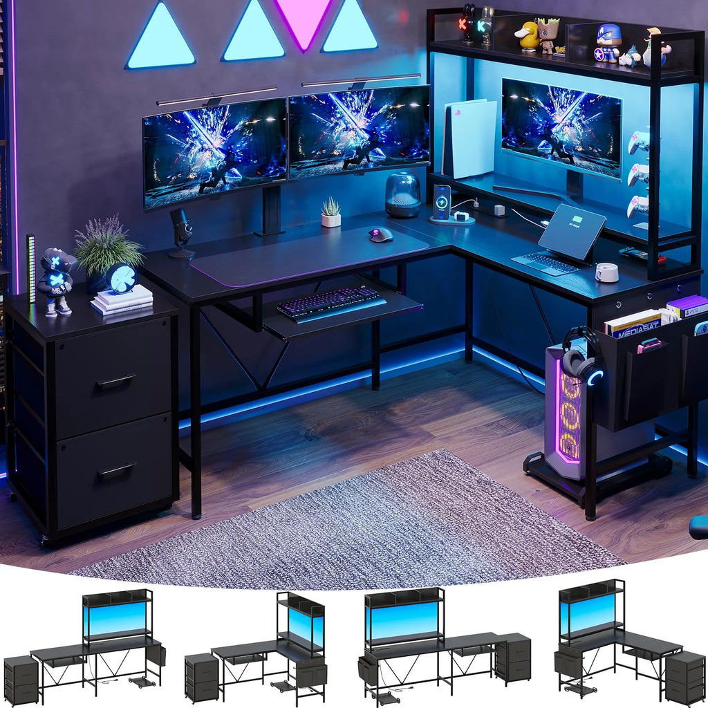 Black 55" Reversible Corner Computer Desk with Storage Shelf T2858