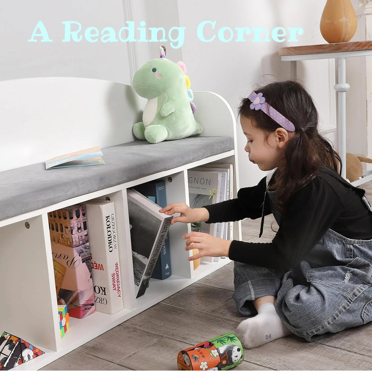 Kids Bookshelf with Reading Nook and Grey Cushion Y729489