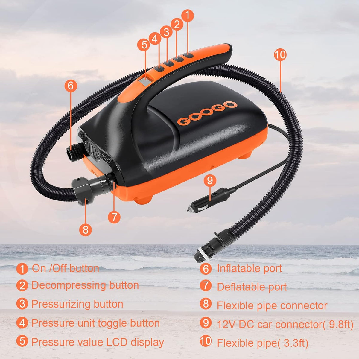 20PSI Portable Electric SUP Air Pump with LCD Auto-Off, Dual Stage Inflation & Deflation, 6 Nozzles H477760
