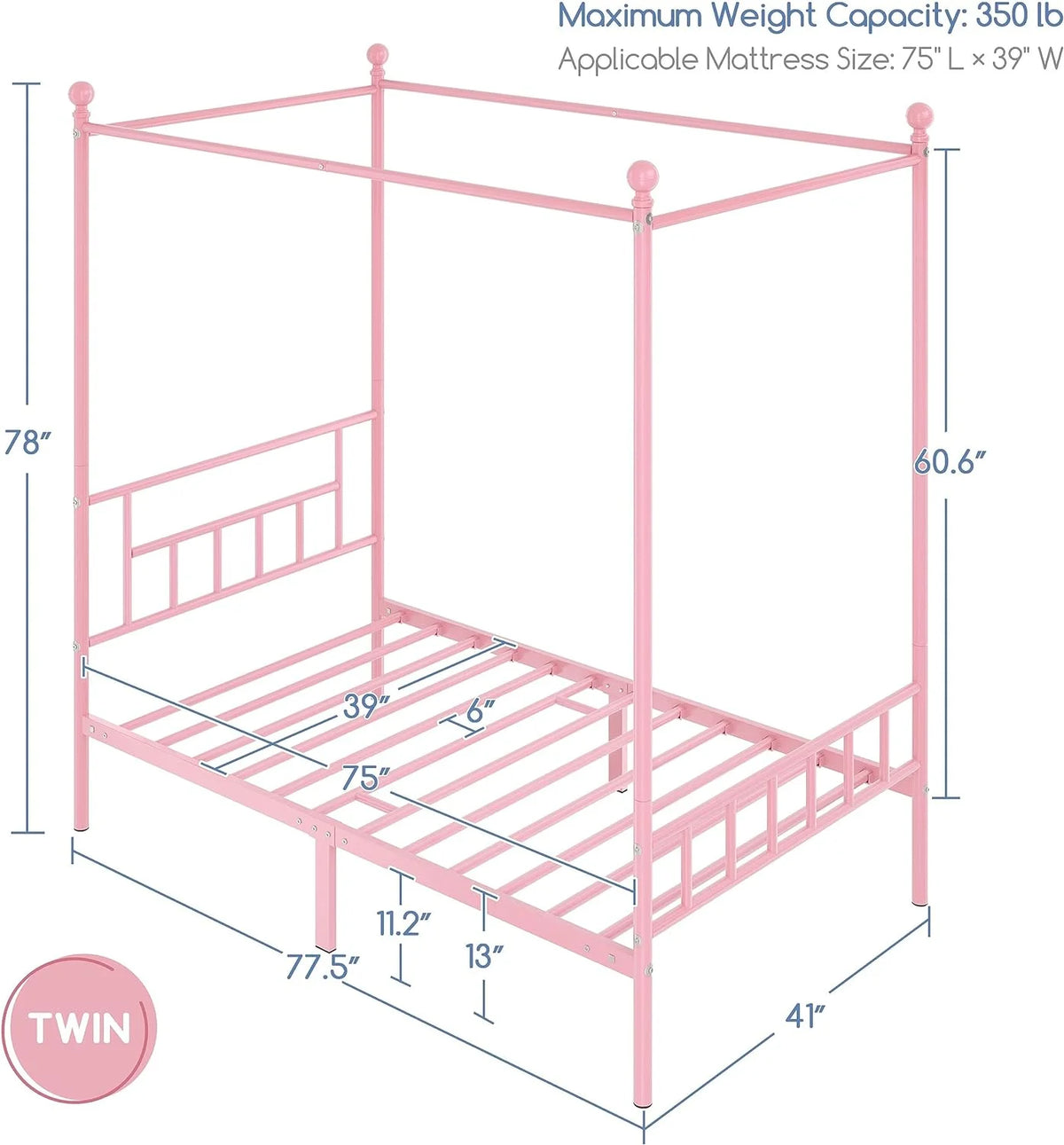 Pink Metal Twin Canopy Bed Frame with Headboard and Footboard I89061