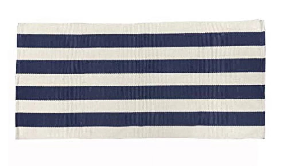 Navy Blue Cotton Blend Striped Area Rug D578307
