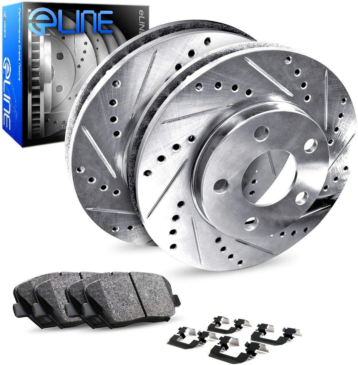Rear Drilled and Slotted Brake Rotors with Ceramic Brake Pads and Hardware Kit E960786