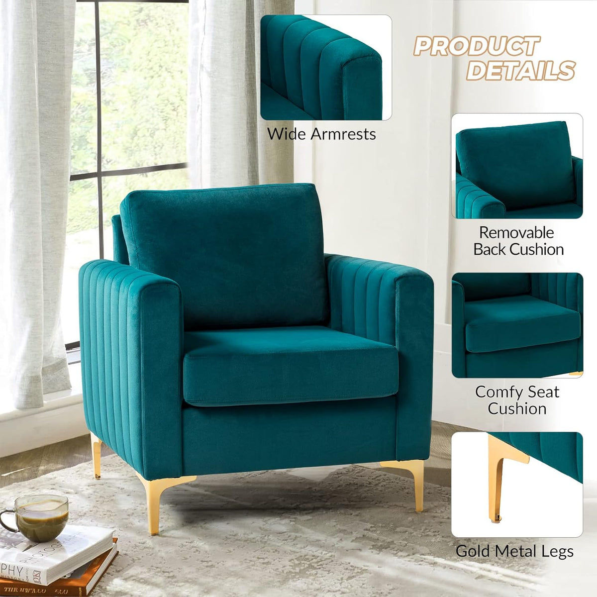 Teal Velvet Club Chairs Set Of 2 with Metal Legs Y4754