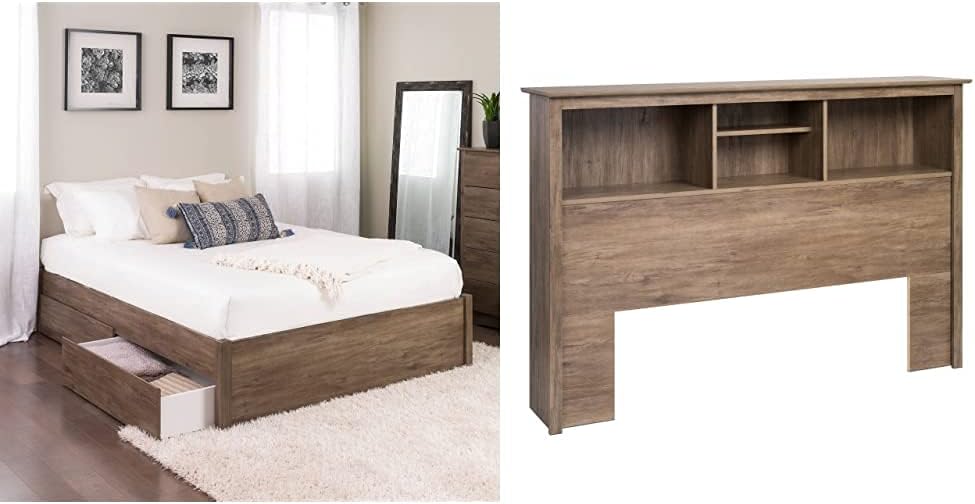 Queen 4-Post Platform Bed with 2 Drawers, Drifted Gray A866