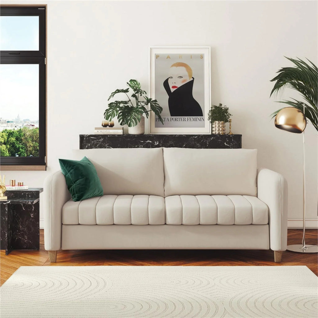 Ivory Velvet Channel Tufted Sofa K311442