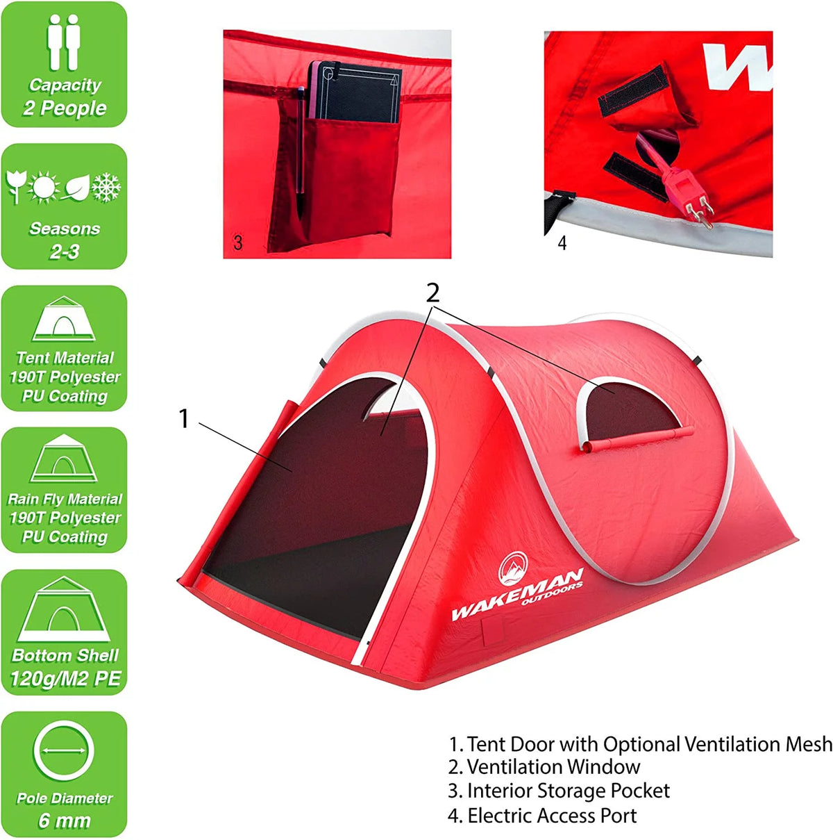 Pop-Up 2 Person Tent, Red Y296