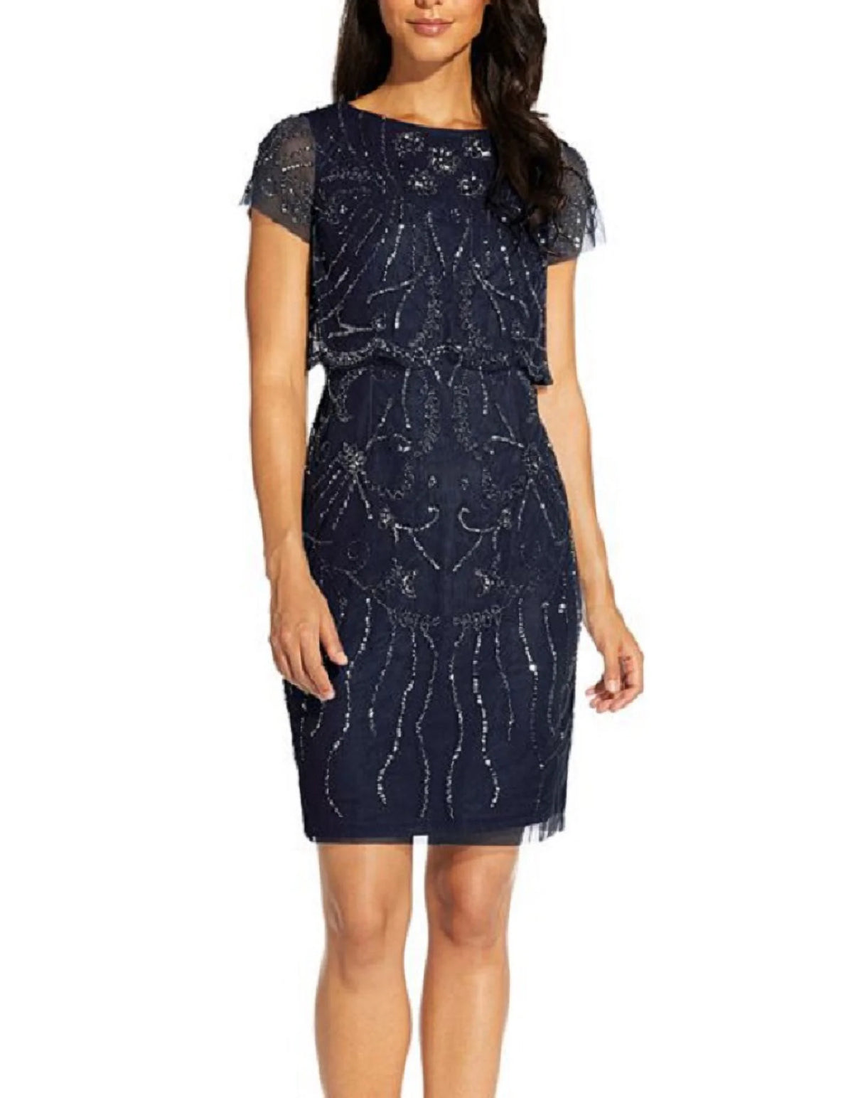 Navy Beaded Short Sleeve Boat Neck Sheath Dress 6 N808