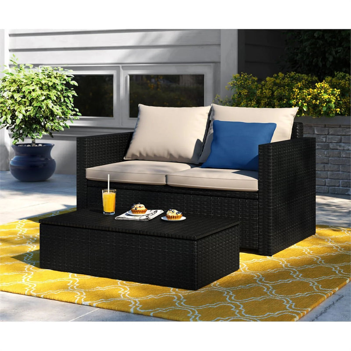 Black Wicker Outdoor Storage Sofa and Coffee Table K9322