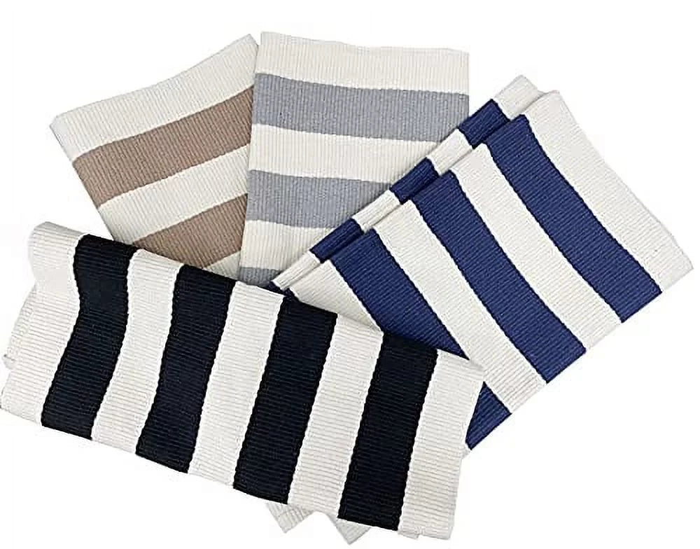 Navy Blue Cotton Blend Striped Area Rug D578307