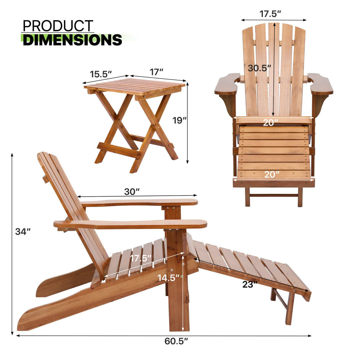 Set of 3 Teak Outdoor Folding Adirondack Chairs with Side Table Y710246