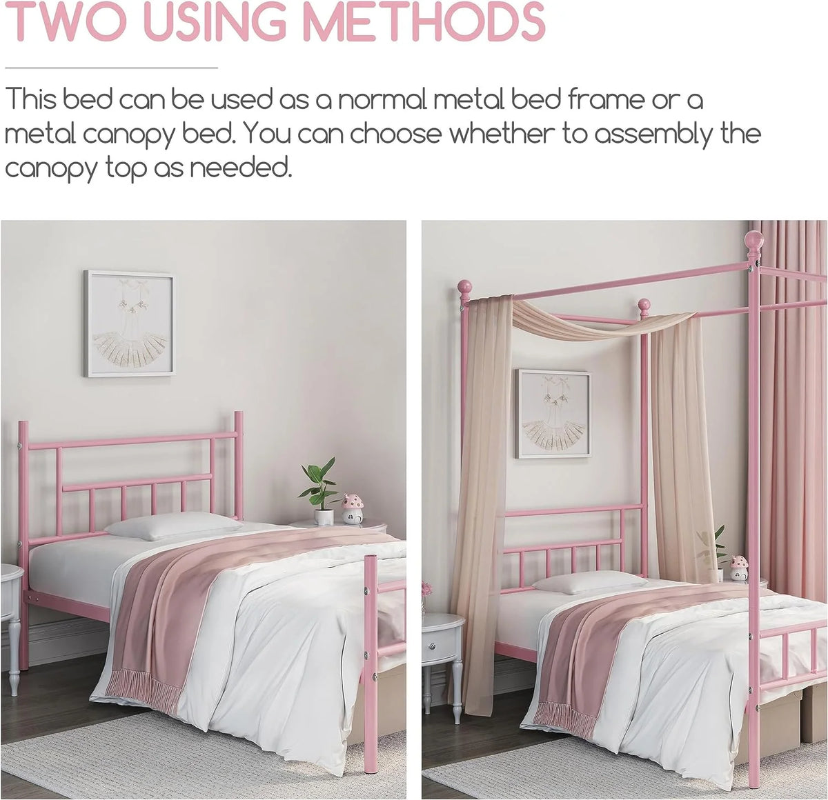 Pink Metal Twin Canopy Bed Frame with Headboard and Footboard I89061