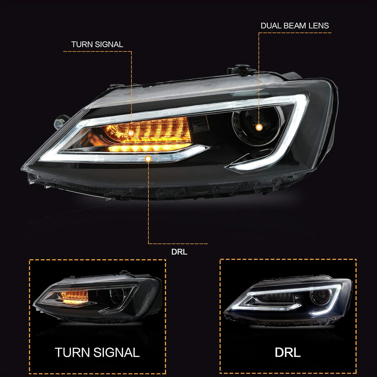 Headlight Assembly for Volkswagen JETTA 2012-2018 with DRL Sequential Turn Signal Full LED L940