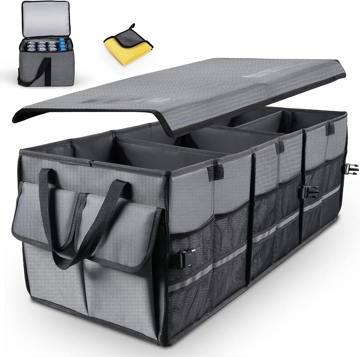 Grey Collapsible Trunk Organizer with Removable Insulated Leakproof Cooler Bag I291