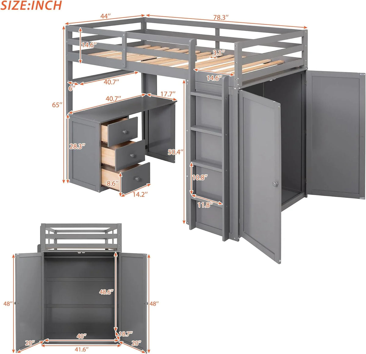 Solid Wood Loft Bed with Desk Wardrobe Storage Drawers N874340