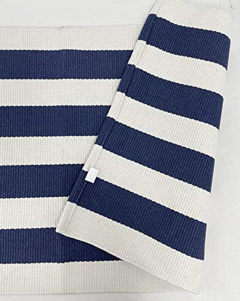 Navy Blue Cotton Blend Striped Area Rug D578307
