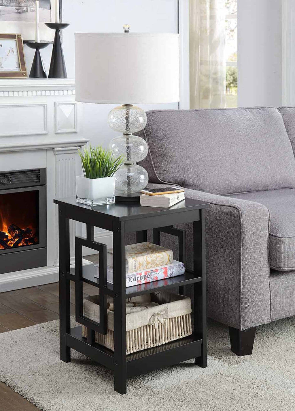 Black End Table with Shelves Y577