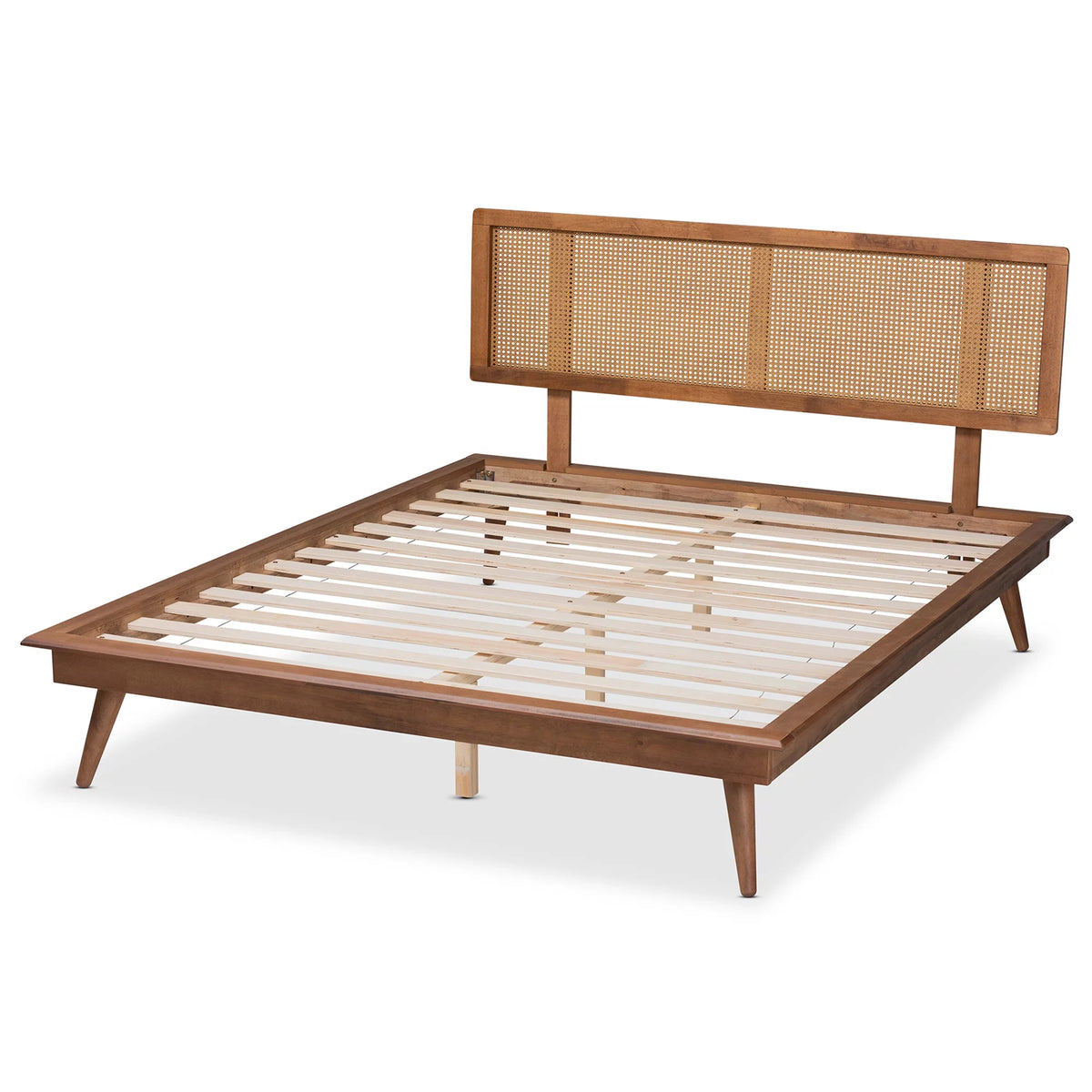 Walnut Brown Wood and Synthetic Rattan Full Size Platform Bed D481