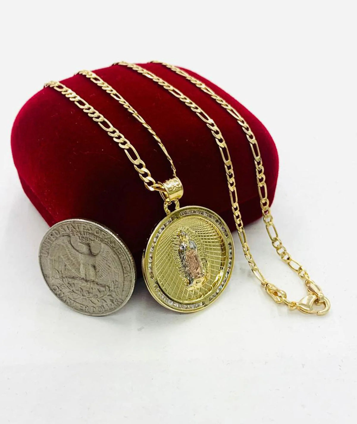 14K Gold Filled Tri Color Virgen de Guadalupe Necklace Figaro Chain B10604