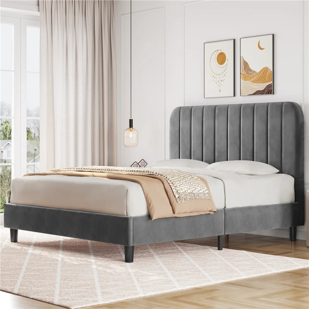Black Upholstered Queen Platform Bed with Headboard R8647