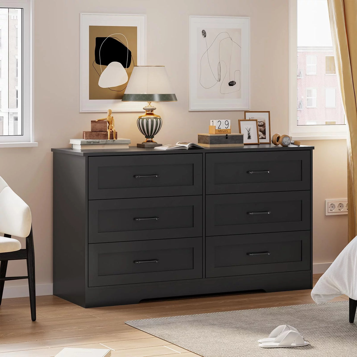 Black 6 Drawer Wood Dresser L4149