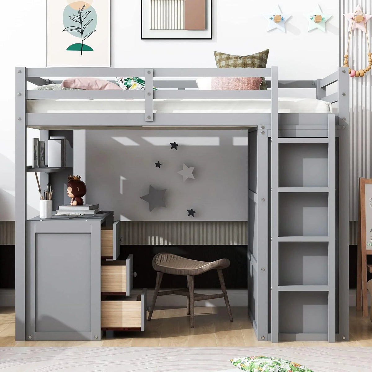 Solid Wood Loft Bed with Desk Wardrobe Storage Drawers N874340