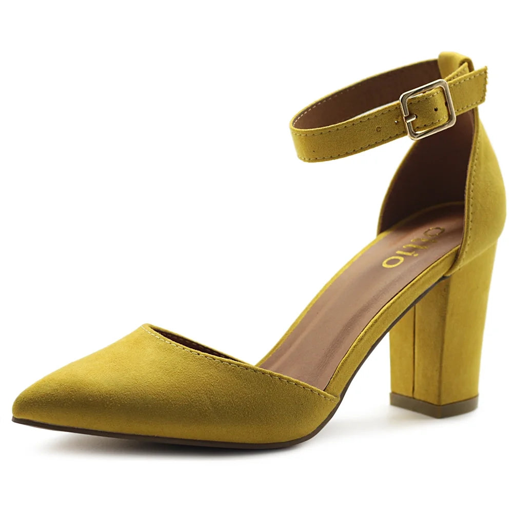 Women's Shoes Pointed Toe Ankle Straps Chunky Heels Pumps P48902