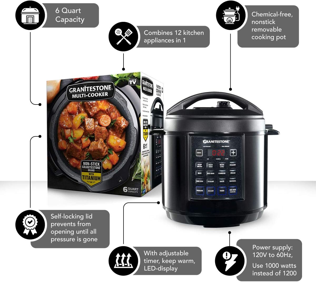 12-in-1 6 Quart Electric Pressure Cooker with LED Display A4301