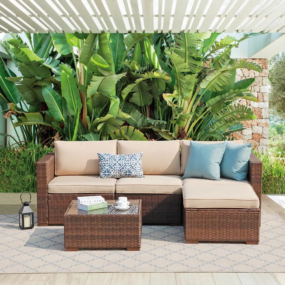 5-Piece Patio Furniture Set, Brown PE Wicker with Beige Cushions P192