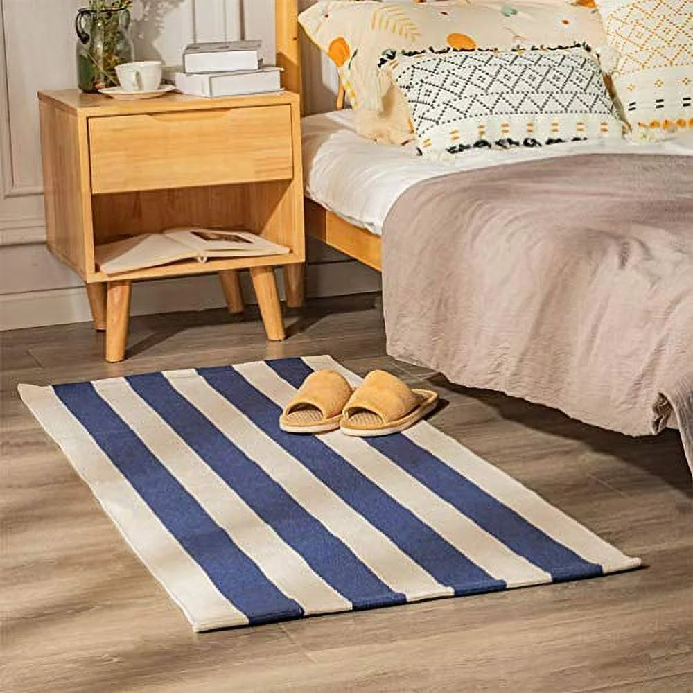 Navy Blue Cotton Blend Striped Area Rug D578307