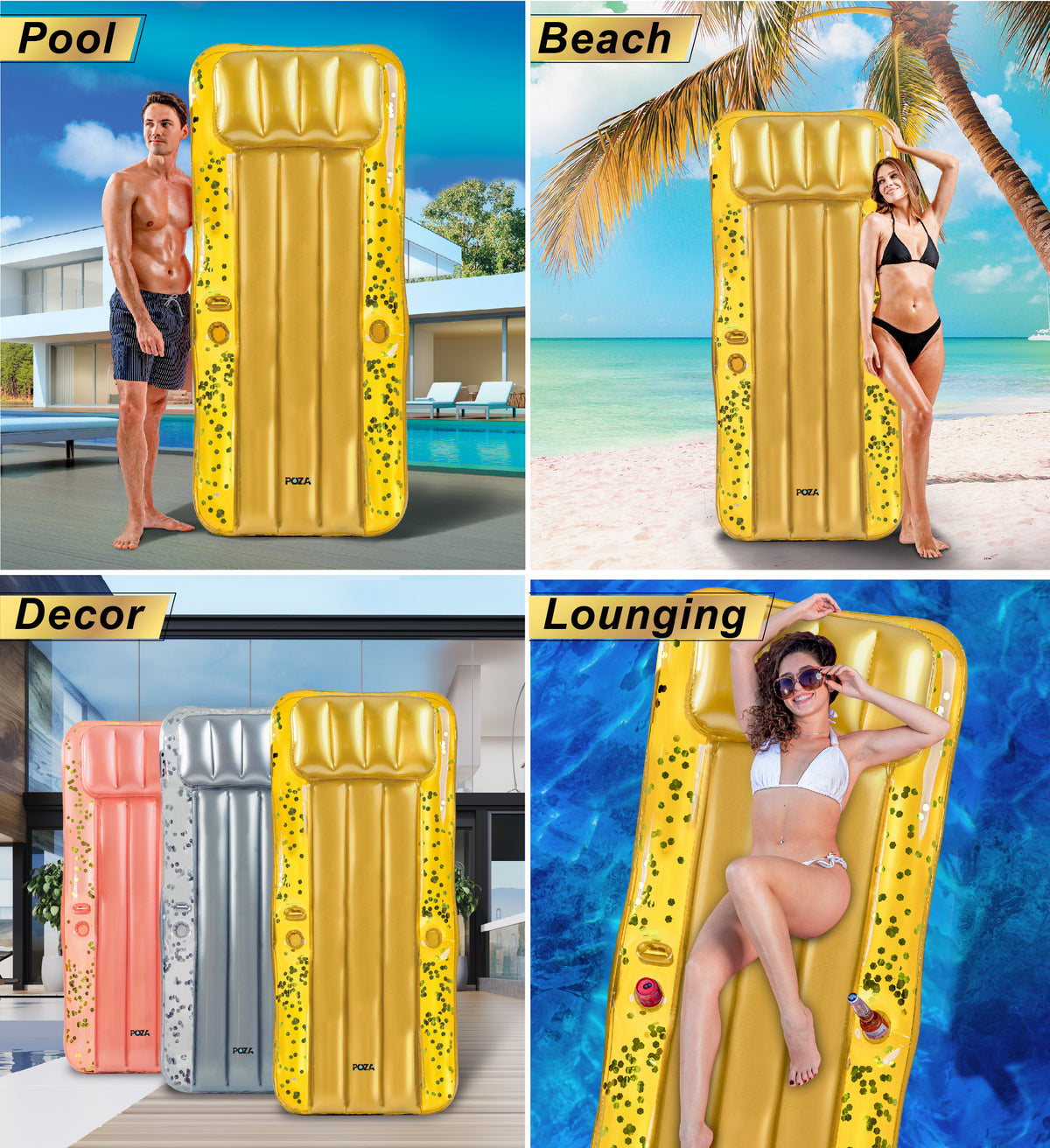 Gold Inflatable Pool Mattress with Headrest and Cup Holders X336