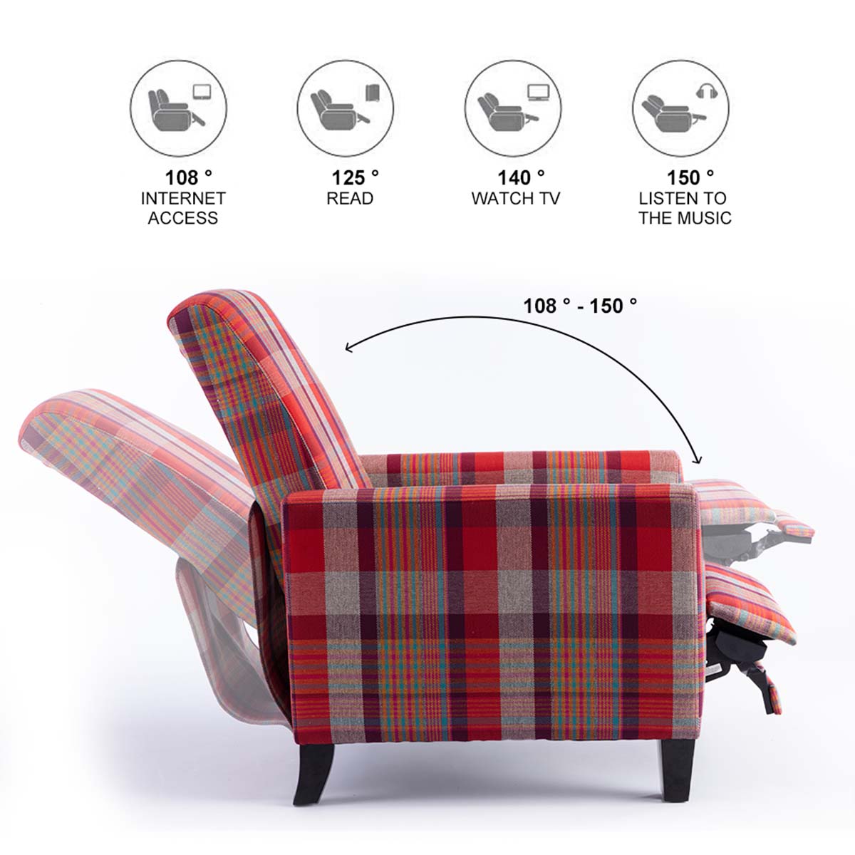 Grey & Red Adjustable Backrest Push Back Recliner Chair G9399