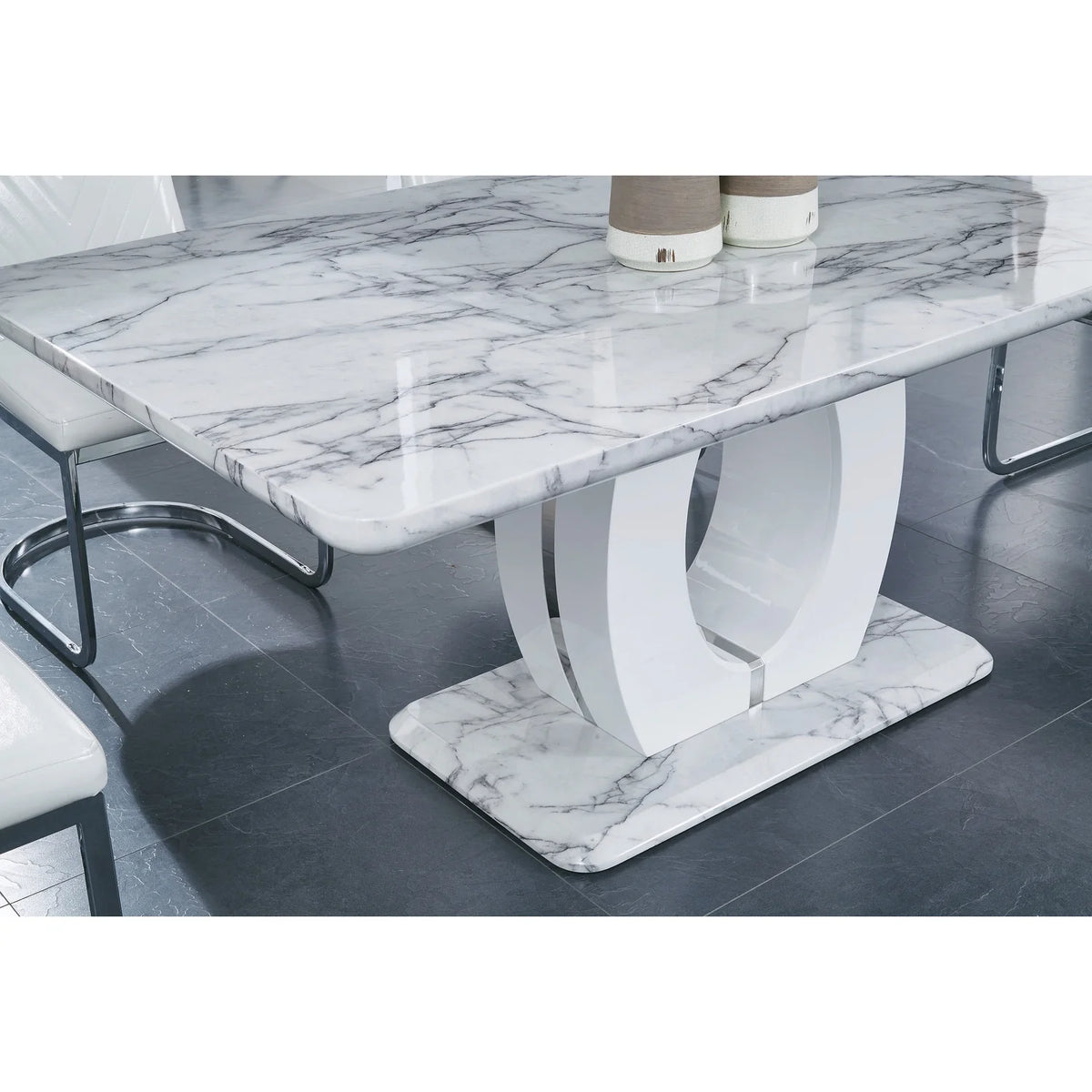 White Faux Marble Pedestal Base Dining Table E5483