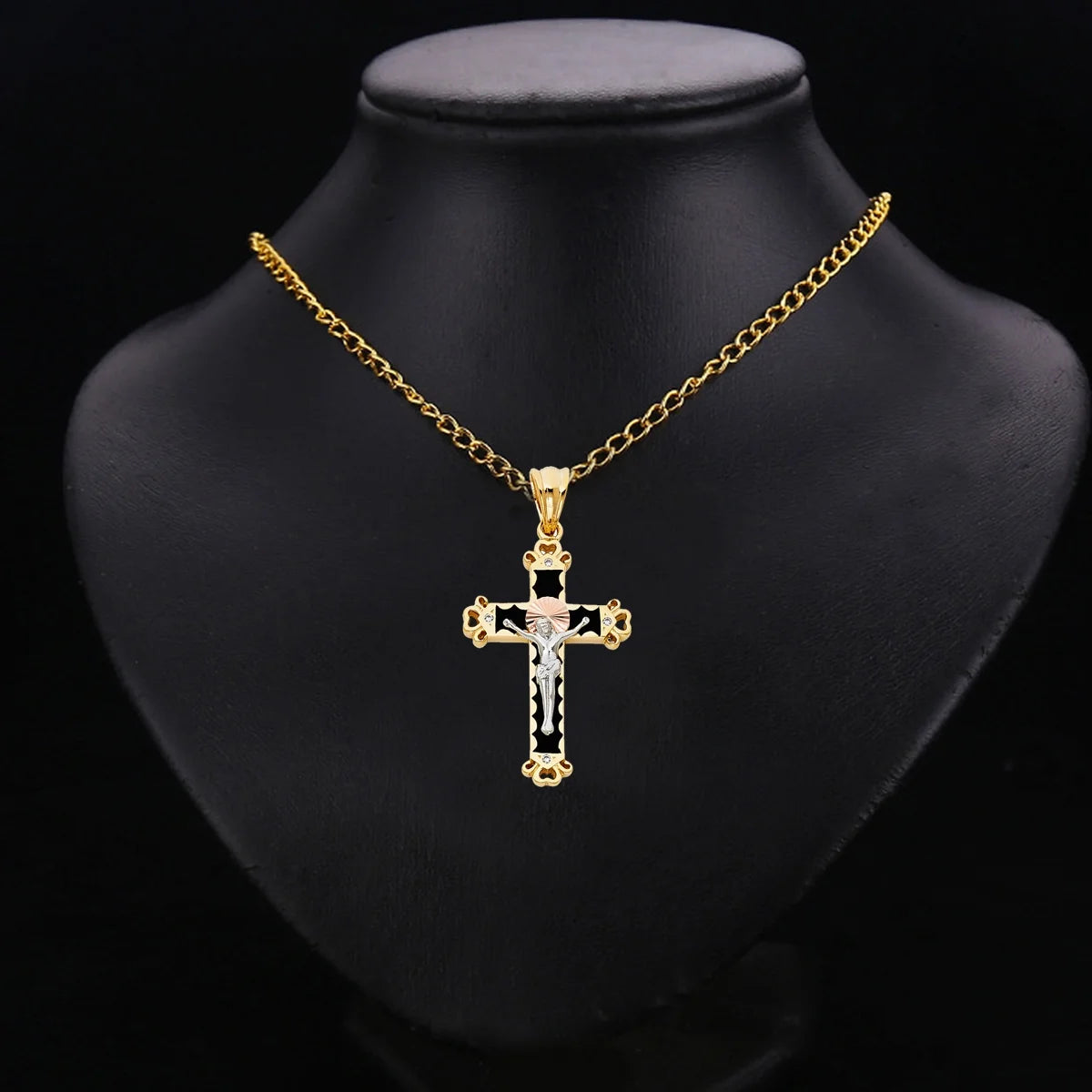 14K Tri Color Gold Cubic Zirconia Religious Crucifix Charm Pendant, 37 x 25 MM, 6.4 grams F563