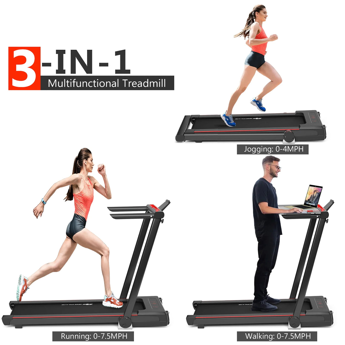 2.25HP 3-in-1 Folding Treadmill Black U249