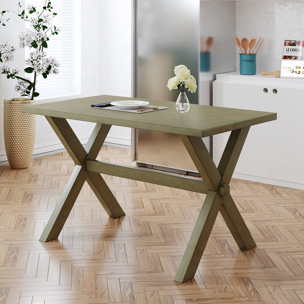 Farmhouse Rustic Wood Dining Table with X-shape Legs, Gray Green Q988963