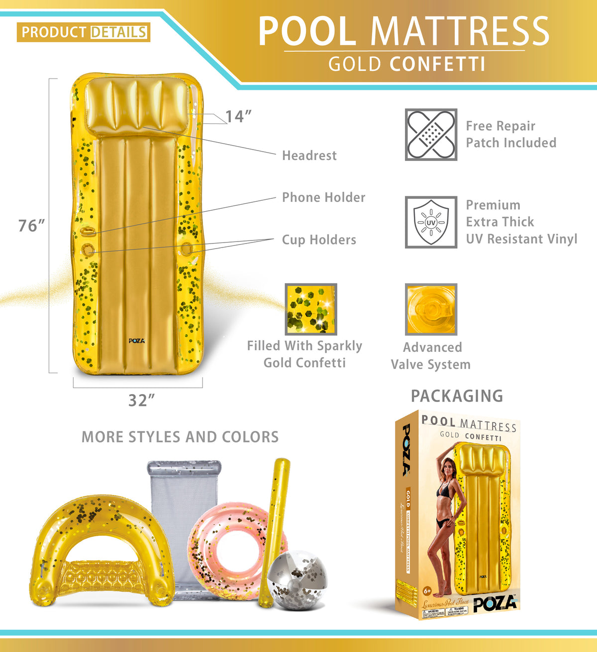 Gold Inflatable Pool Mattress with Headrest and Cup Holders X336