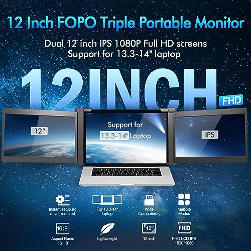 12" Triple Laptop Screen Extender Portable Monitor FHD 1080P IPS Dual Display M8065