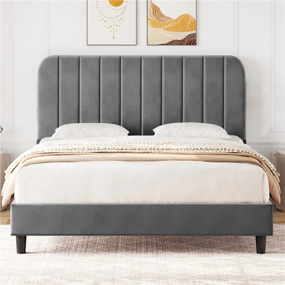 Black Upholstered Queen Platform Bed with Headboard R8647